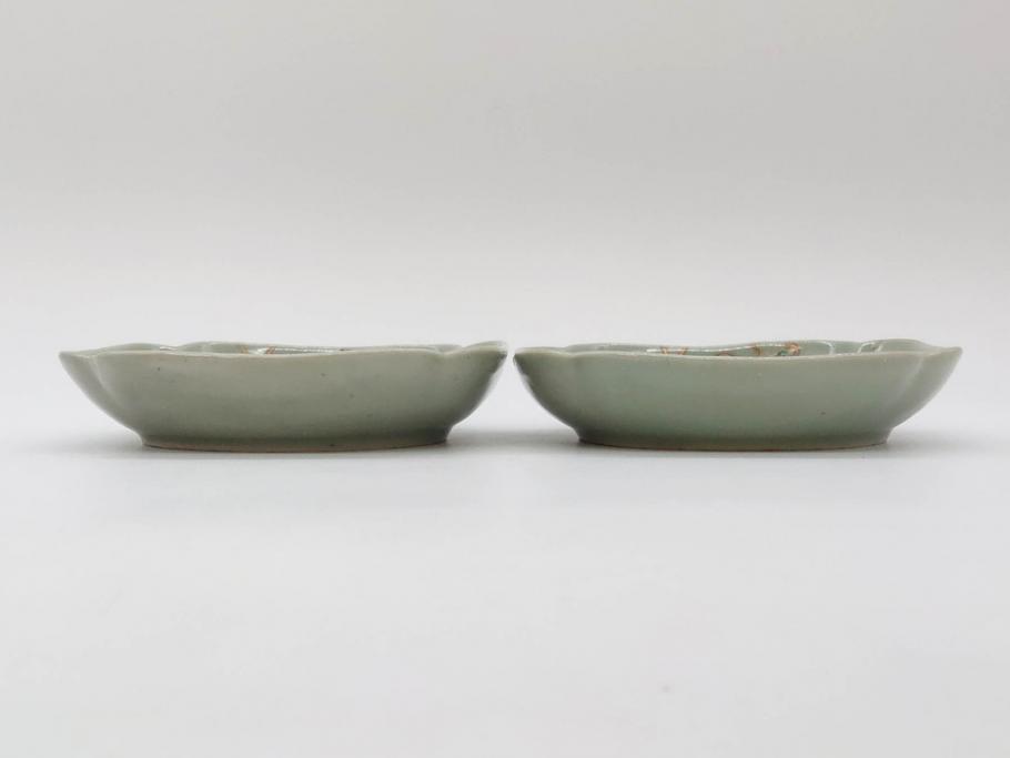江戸期　古伊万里　青磁　金彩　蔦文　約18cm　6寸　金彩が上品なアクセントになる変形皿2枚セット(六寸、中皿、和食器、和皿)(R-077090)