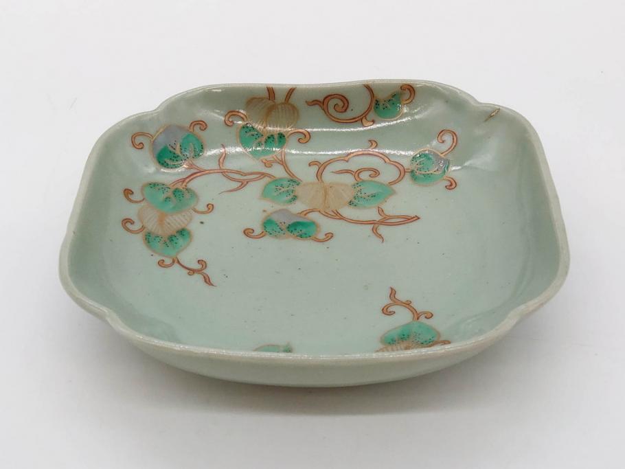 江戸期　古伊万里　青磁　金彩　蔦文　約18cm　6寸　金彩が上品なアクセントになる変形皿2枚セット(六寸、中皿、和食器、和皿)(R-077090)