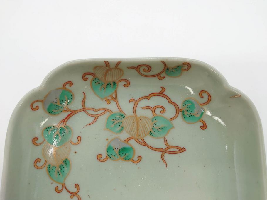 江戸期　古伊万里　青磁　金彩　蔦文　約18cm　6寸　金彩が上品なアクセントになる変形皿2枚セット(六寸、中皿、和食器、和皿)(R-077090)