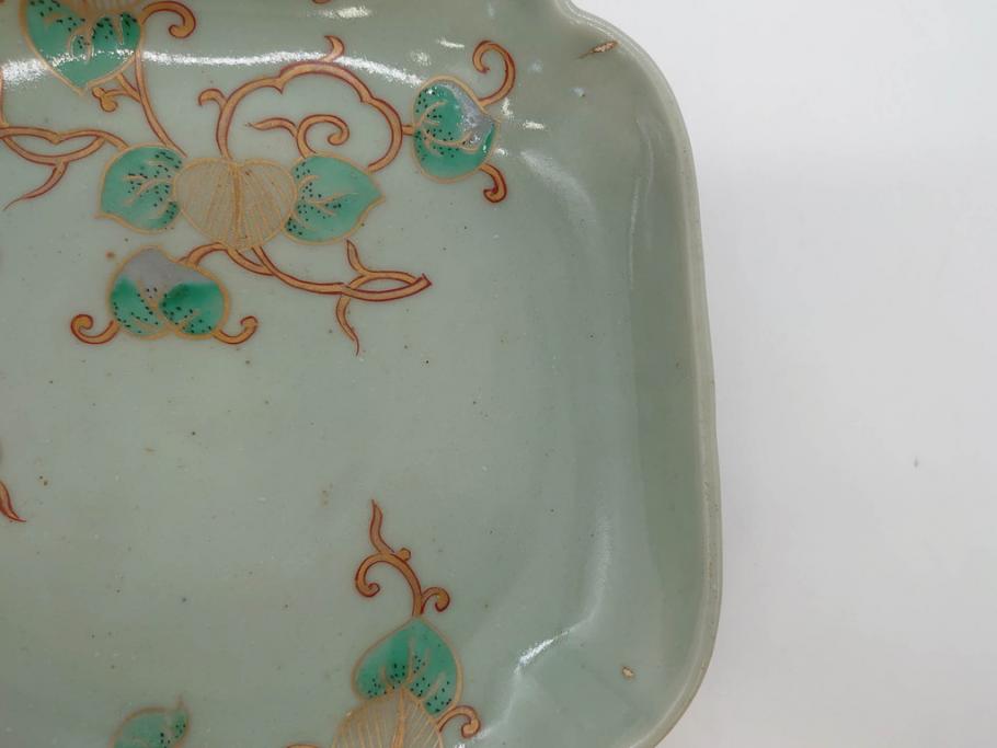 江戸期　古伊万里　青磁　金彩　蔦文　約18cm　6寸　金彩が上品なアクセントになる変形皿2枚セット(六寸、中皿、和食器、和皿)(R-077090)