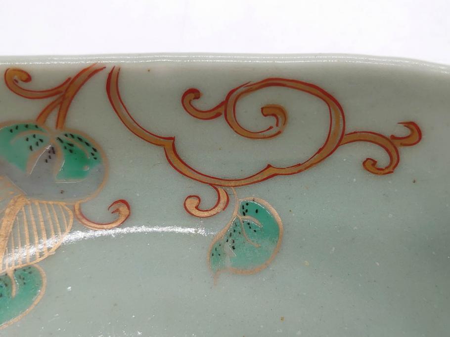 江戸期　古伊万里　青磁　金彩　蔦文　約18cm　6寸　金彩が上品なアクセントになる変形皿2枚セット(六寸、中皿、和食器、和皿)(R-077090)