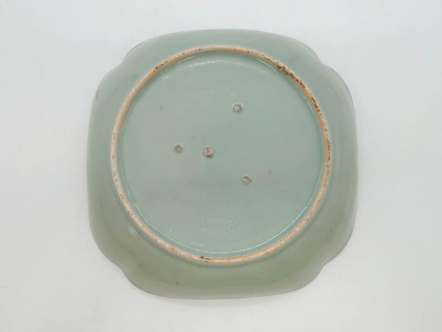 江戸期　古伊万里　青磁　金彩　蔦文　約18cm　6寸　金彩が上品なアクセントになる変形皿2枚セット(六寸、中皿、和食器、和皿)(R-077090)