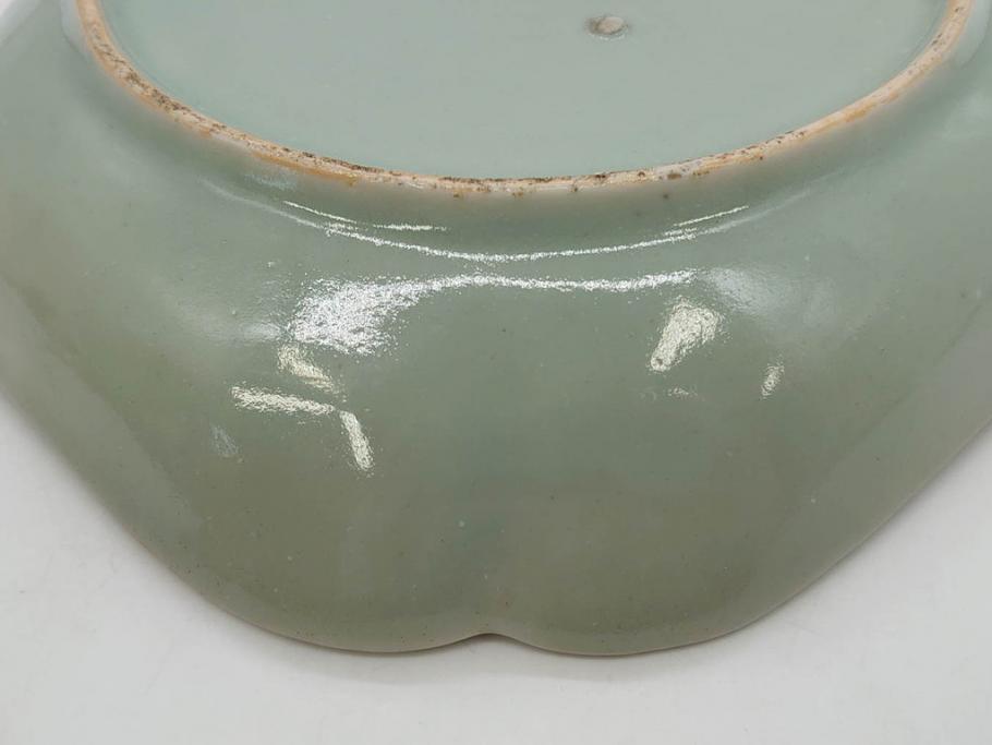 江戸期　古伊万里　青磁　金彩　蔦文　約18cm　6寸　金彩が上品なアクセントになる変形皿2枚セット(六寸、中皿、和食器、和皿)(R-077090)