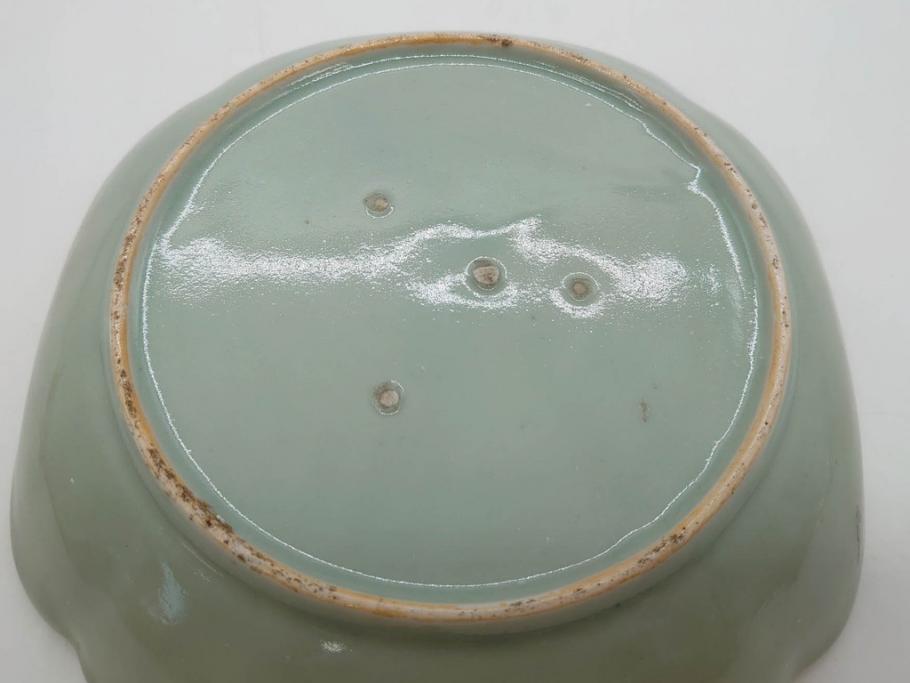 江戸期　古伊万里　青磁　金彩　蔦文　約18cm　6寸　金彩が上品なアクセントになる変形皿2枚セット(六寸、中皿、和食器、和皿)(R-077090)