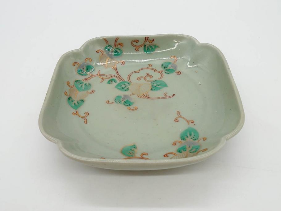 江戸期　古伊万里　青磁　金彩　蔦文　約18cm　6寸　金彩が上品なアクセントになる変形皿2枚セット(六寸、中皿、和食器、和皿)(R-077090)