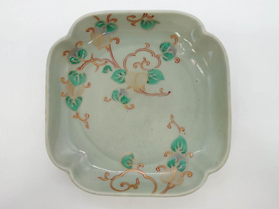 江戸期　古伊万里　青磁　金彩　蔦文　約18cm　6寸　金彩が上品なアクセントになる変形皿2枚セット(六寸、中皿、和食器、和皿)(R-077090)