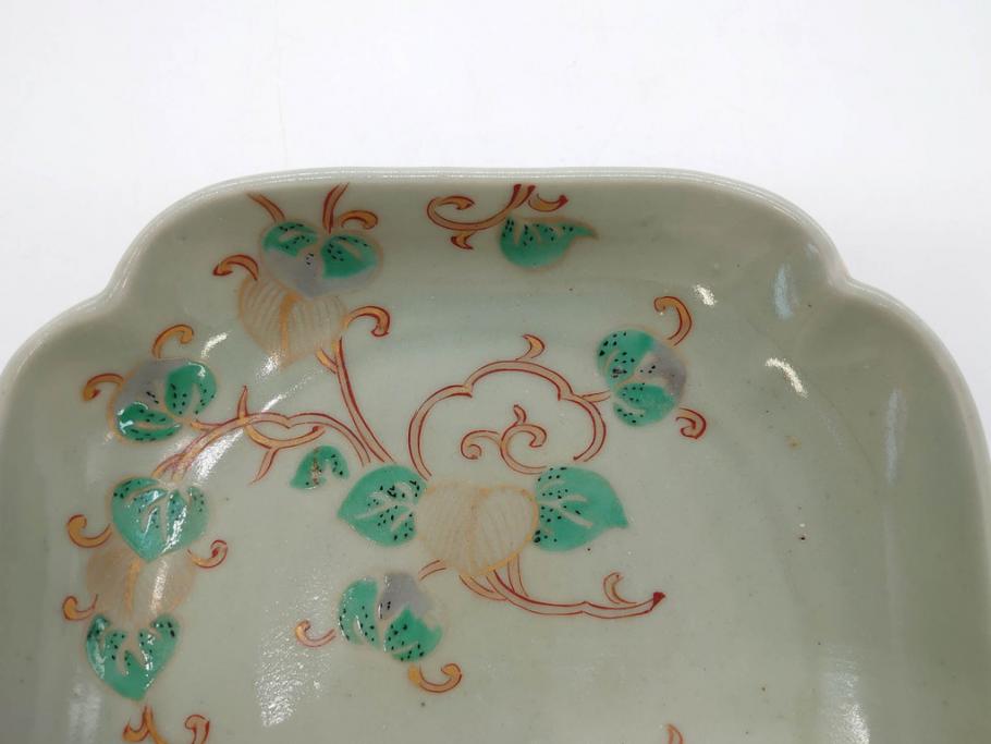 江戸期　古伊万里　青磁　金彩　蔦文　約18cm　6寸　金彩が上品なアクセントになる変形皿2枚セット(六寸、中皿、和食器、和皿)(R-077090)