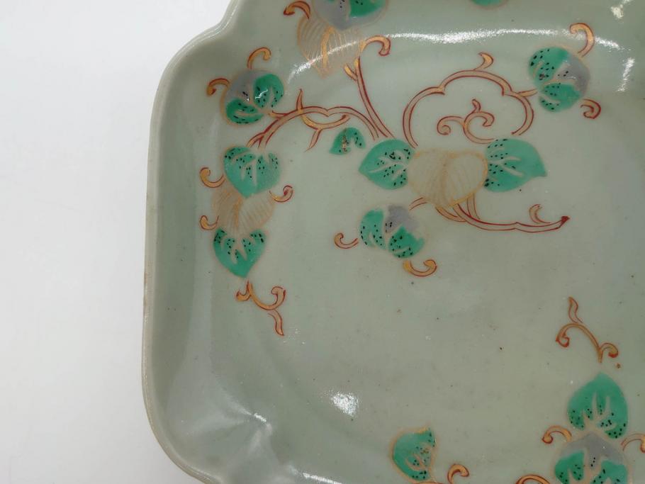 江戸期　古伊万里　青磁　金彩　蔦文　約18cm　6寸　金彩が上品なアクセントになる変形皿2枚セット(六寸、中皿、和食器、和皿)(R-077090)