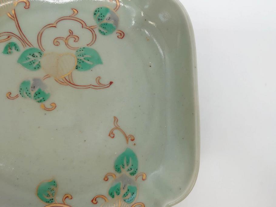 江戸期　古伊万里　青磁　金彩　蔦文　約18cm　6寸　金彩が上品なアクセントになる変形皿2枚セット(六寸、中皿、和食器、和皿)(R-077090)