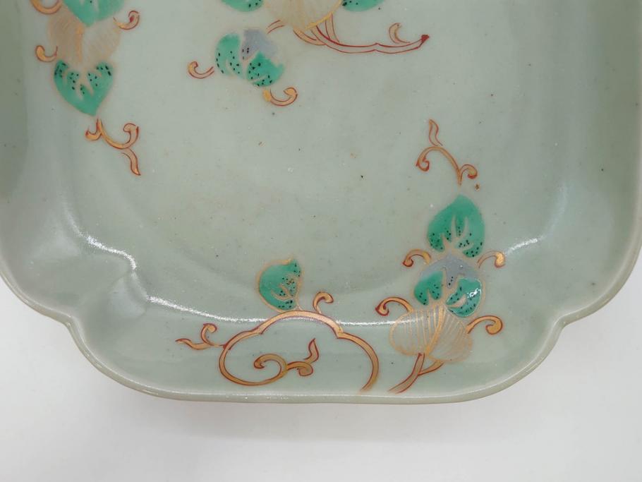 江戸期　古伊万里　青磁　金彩　蔦文　約18cm　6寸　金彩が上品なアクセントになる変形皿2枚セット(六寸、中皿、和食器、和皿)(R-077090)