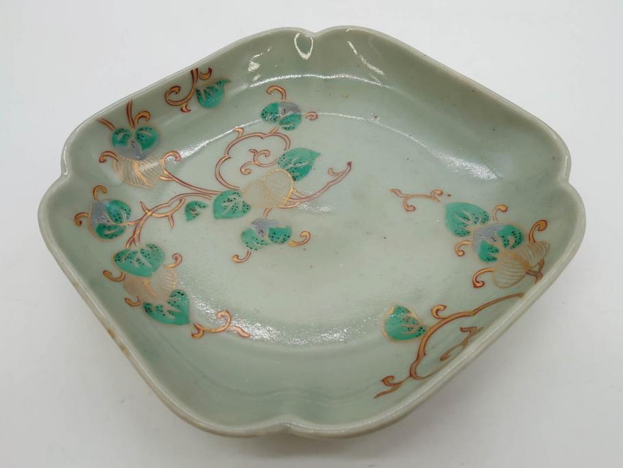 江戸期　古伊万里　青磁　金彩　蔦文　約18cm　6寸　金彩が上品なアクセントになる変形皿2枚セット(六寸、中皿、和食器、和皿)(R-077090)