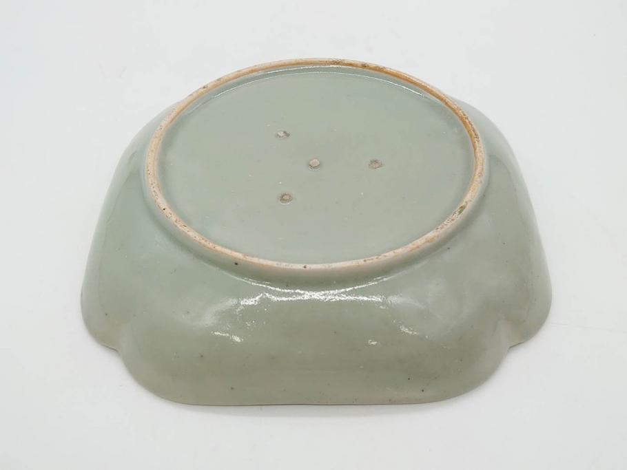江戸期　古伊万里　青磁　金彩　蔦文　約18cm　6寸　金彩が上品なアクセントになる変形皿2枚セット(六寸、中皿、和食器、和皿)(R-077090)