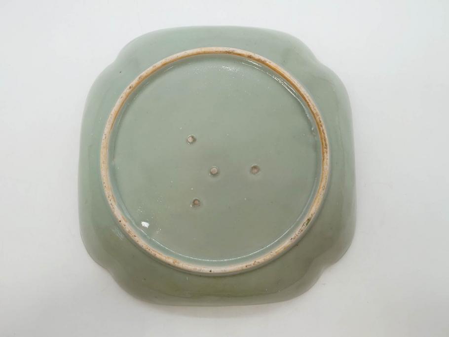 江戸期　古伊万里　青磁　金彩　蔦文　約18cm　6寸　金彩が上品なアクセントになる変形皿2枚セット(六寸、中皿、和食器、和皿)(R-077090)