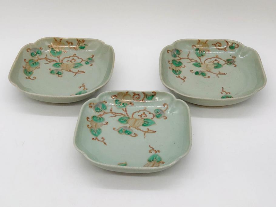 江戸期　古伊万里　青磁　金彩　蔦文　約18cm　6寸　金彩が上品なアクセントになる変形皿3枚セット(六寸、中皿、和食器、和皿)(R-077091)