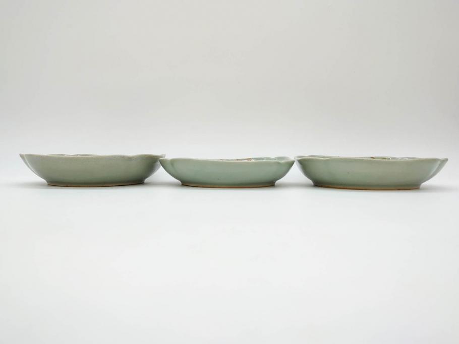 江戸期　古伊万里　青磁　金彩　蔦文　約18cm　6寸　金彩が上品なアクセントになる変形皿3枚セット(六寸、中皿、和食器、和皿)(R-077091)
