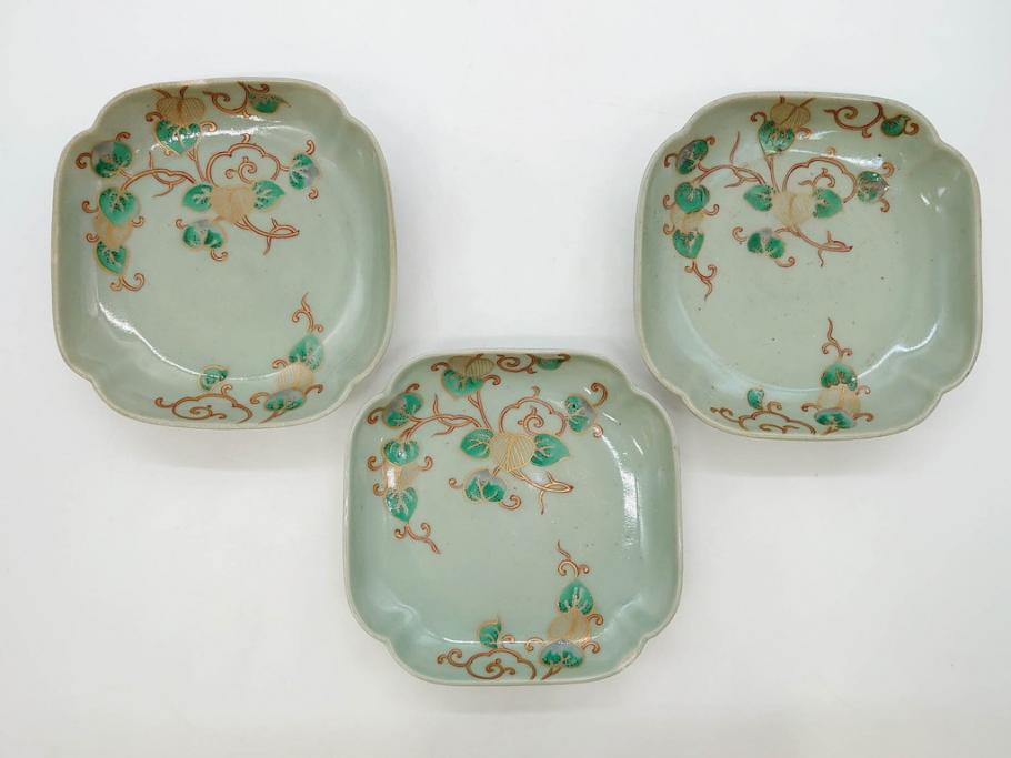 江戸期　古伊万里　青磁　金彩　蔦文　約18cm　6寸　金彩が上品なアクセントになる変形皿3枚セット(六寸、中皿、和食器、和皿)(R-077091)
