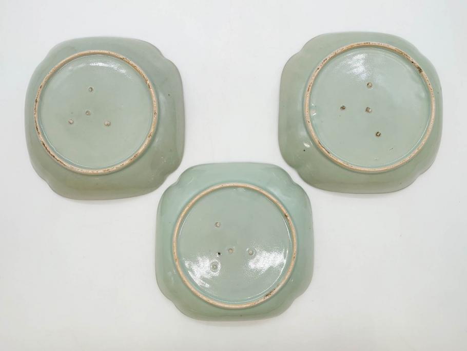 江戸期　古伊万里　青磁　金彩　蔦文　約18cm　6寸　金彩が上品なアクセントになる変形皿3枚セット(六寸、中皿、和食器、和皿)(R-077091)