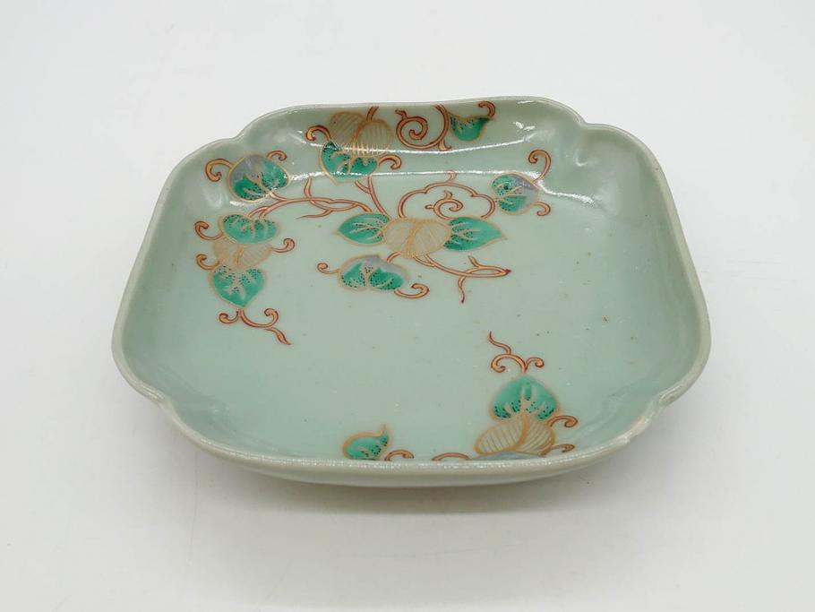 江戸期　古伊万里　青磁　金彩　蔦文　約18cm　6寸　金彩が上品なアクセントになる変形皿3枚セット(六寸、中皿、和食器、和皿)(R-077091)