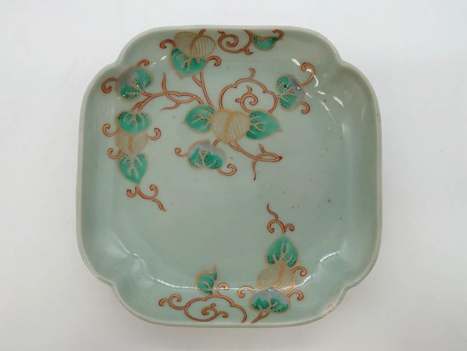 江戸期　古伊万里　青磁　金彩　蔦文　約18cm　6寸　金彩が上品なアクセントになる変形皿3枚セット(六寸、中皿、和食器、和皿)(R-077091)