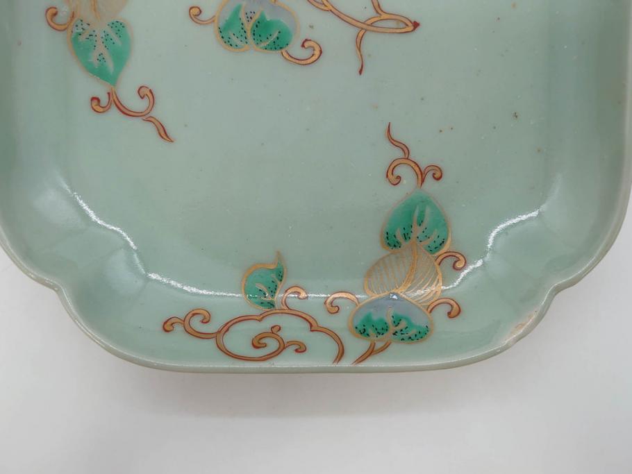 江戸期　古伊万里　青磁　金彩　蔦文　約18cm　6寸　金彩が上品なアクセントになる変形皿3枚セット(六寸、中皿、和食器、和皿)(R-077091)