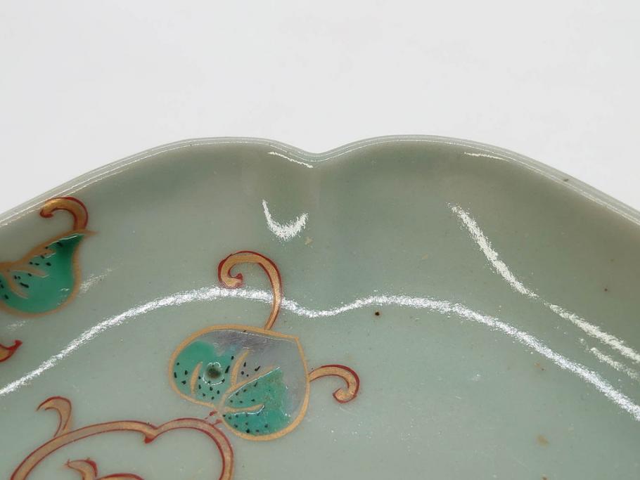 江戸期　古伊万里　青磁　金彩　蔦文　約18cm　6寸　金彩が上品なアクセントになる変形皿3枚セット(六寸、中皿、和食器、和皿)(R-077091)