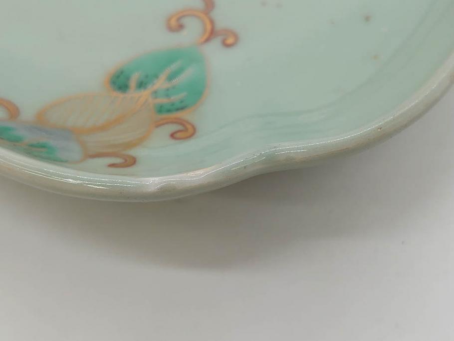 江戸期　古伊万里　青磁　金彩　蔦文　約18cm　6寸　金彩が上品なアクセントになる変形皿3枚セット(六寸、中皿、和食器、和皿)(R-077091)