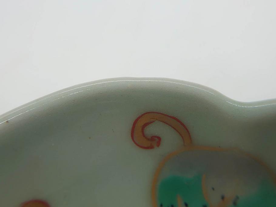 江戸期　古伊万里　青磁　金彩　蔦文　約18cm　6寸　金彩が上品なアクセントになる変形皿3枚セット(六寸、中皿、和食器、和皿)(R-077091)