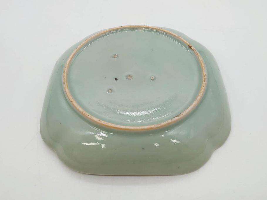 江戸期　古伊万里　青磁　金彩　蔦文　約18cm　6寸　金彩が上品なアクセントになる変形皿3枚セット(六寸、中皿、和食器、和皿)(R-077091)