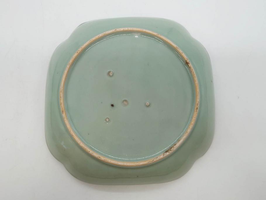 江戸期　古伊万里　青磁　金彩　蔦文　約18cm　6寸　金彩が上品なアクセントになる変形皿3枚セット(六寸、中皿、和食器、和皿)(R-077091)