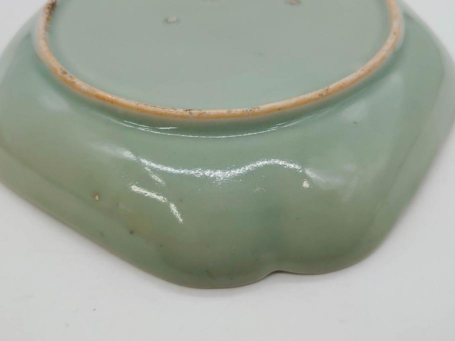 江戸期　古伊万里　青磁　金彩　蔦文　約18cm　6寸　金彩が上品なアクセントになる変形皿3枚セット(六寸、中皿、和食器、和皿)(R-077091)