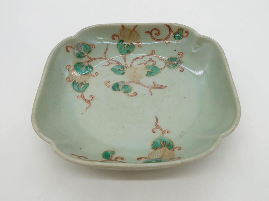 江戸期　古伊万里　青磁　金彩　蔦文　約18cm　6寸　金彩が上品なアクセントになる変形皿3枚セット(六寸、中皿、和食器、和皿)(R-077091)