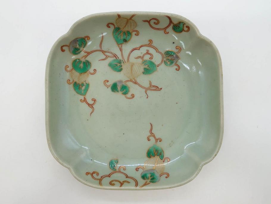 江戸期　古伊万里　青磁　金彩　蔦文　約18cm　6寸　金彩が上品なアクセントになる変形皿3枚セット(六寸、中皿、和食器、和皿)(R-077091)