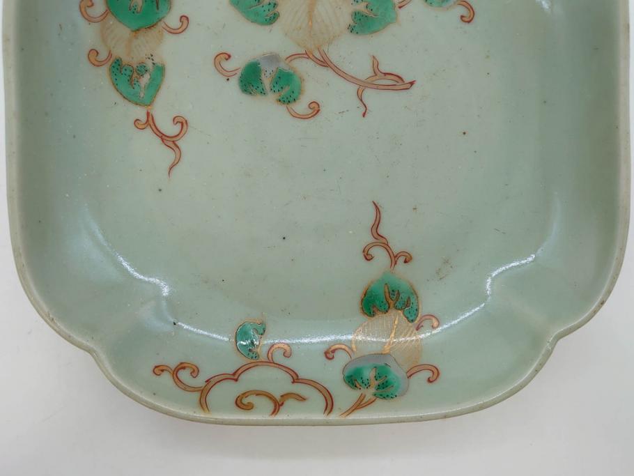 江戸期　古伊万里　青磁　金彩　蔦文　約18cm　6寸　金彩が上品なアクセントになる変形皿3枚セット(六寸、中皿、和食器、和皿)(R-077091)