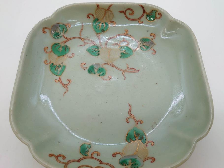 江戸期　古伊万里　青磁　金彩　蔦文　約18cm　6寸　金彩が上品なアクセントになる変形皿3枚セット(六寸、中皿、和食器、和皿)(R-077091)