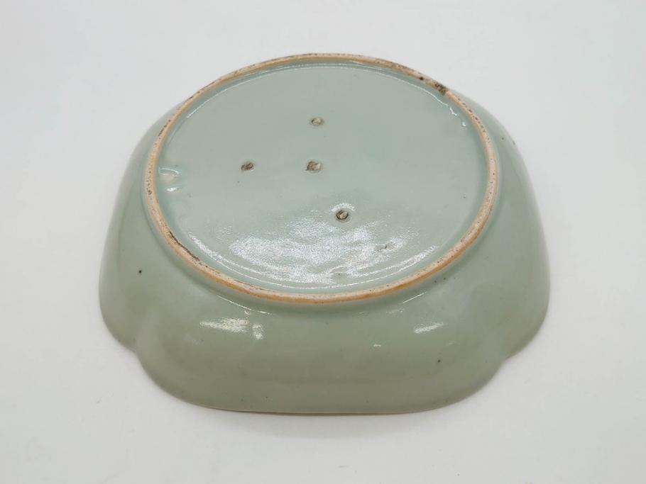 江戸期　古伊万里　青磁　金彩　蔦文　約18cm　6寸　金彩が上品なアクセントになる変形皿3枚セット(六寸、中皿、和食器、和皿)(R-077091)