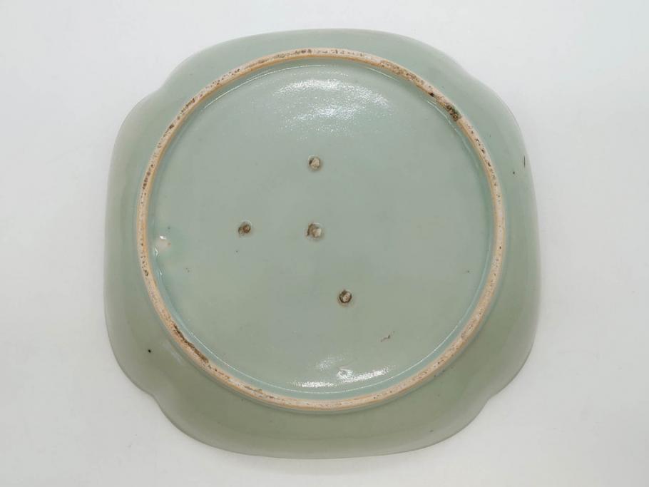 江戸期　古伊万里　青磁　金彩　蔦文　約18cm　6寸　金彩が上品なアクセントになる変形皿3枚セット(六寸、中皿、和食器、和皿)(R-077091)