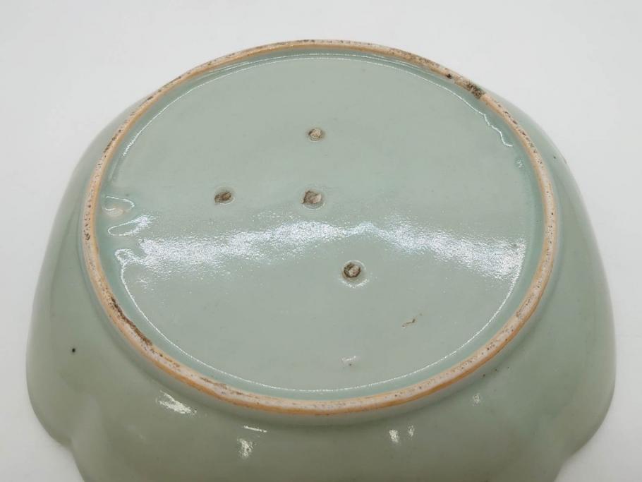 江戸期　古伊万里　青磁　金彩　蔦文　約18cm　6寸　金彩が上品なアクセントになる変形皿3枚セット(六寸、中皿、和食器、和皿)(R-077091)