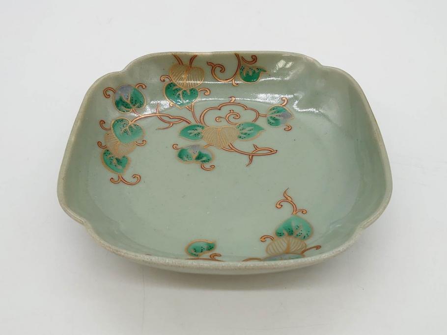江戸期　古伊万里　青磁　金彩　蔦文　約18cm　6寸　金彩が上品なアクセントになる変形皿3枚セット(六寸、中皿、和食器、和皿)(R-077091)