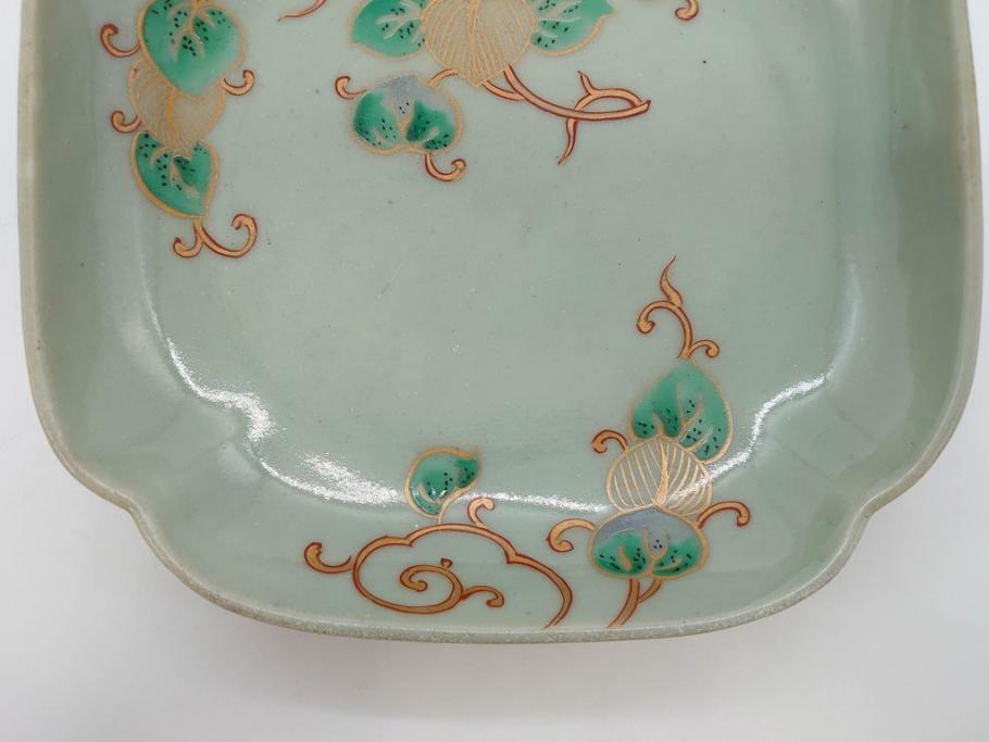 江戸期　古伊万里　青磁　金彩　蔦文　約18cm　6寸　金彩が上品なアクセントになる変形皿3枚セット(六寸、中皿、和食器、和皿)(R-077091)