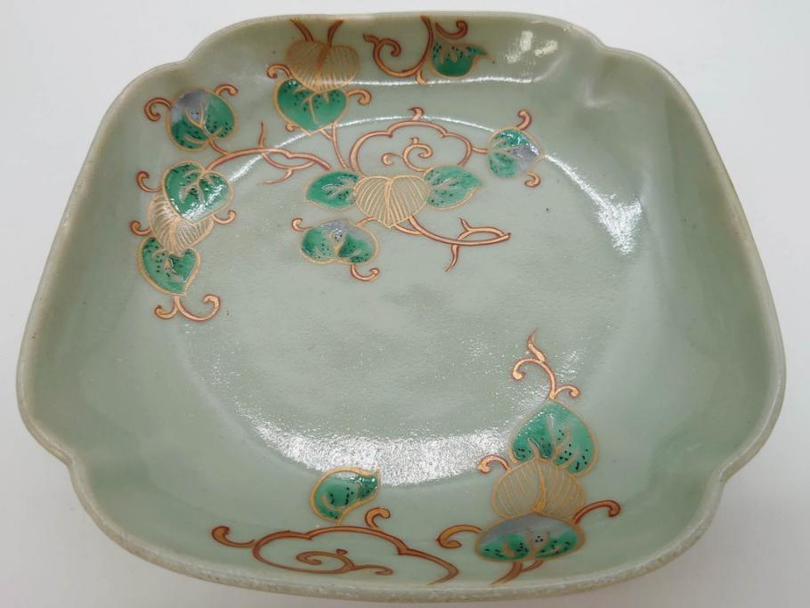 江戸期　古伊万里　青磁　金彩　蔦文　約18cm　6寸　金彩が上品なアクセントになる変形皿3枚セット(六寸、中皿、和食器、和皿)(R-077091)