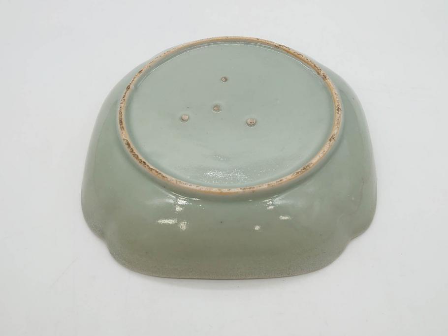 江戸期　古伊万里　青磁　金彩　蔦文　約18cm　6寸　金彩が上品なアクセントになる変形皿3枚セット(六寸、中皿、和食器、和皿)(R-077091)