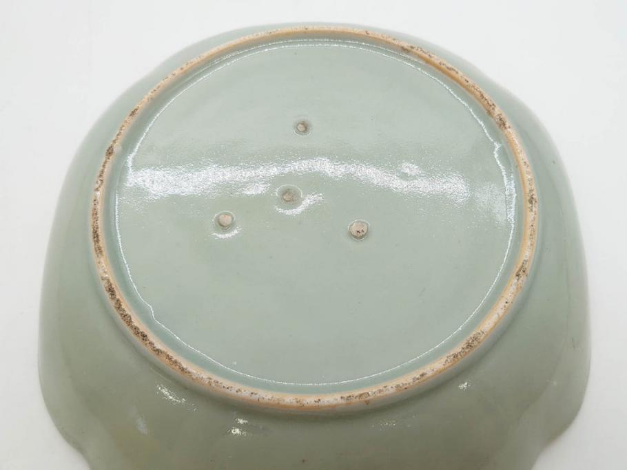 江戸期　古伊万里　青磁　金彩　蔦文　約18cm　6寸　金彩が上品なアクセントになる変形皿3枚セット(六寸、中皿、和食器、和皿)(R-077091)