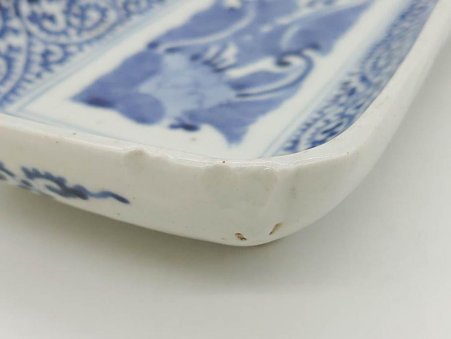 江戸期　古伊万里　染付　冨貴長春　約21cm　7.1寸　牡丹蛸唐草文　細やかで力強く描かれた文様が魅力的な長皿2枚セット(七寸一分、和食器、和皿)(R-077092)