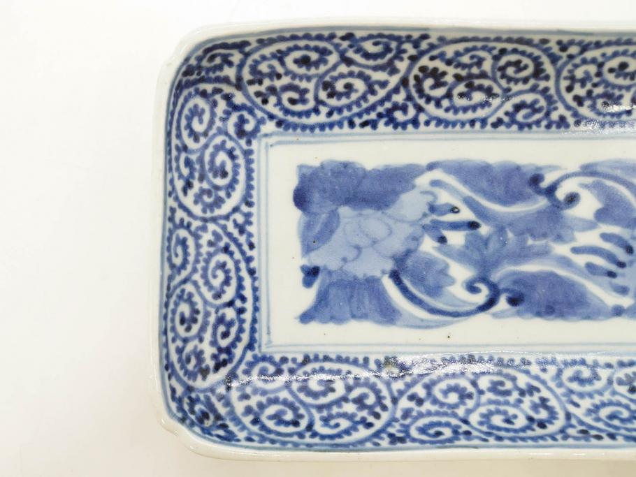 江戸期　古伊万里　染付　冨貴長春　約21cm　7.1寸　牡丹蛸唐草文　細やかで力強く描かれた文様が魅力的な長皿2枚セット(七寸一分、和食器、和皿)(R-077093)