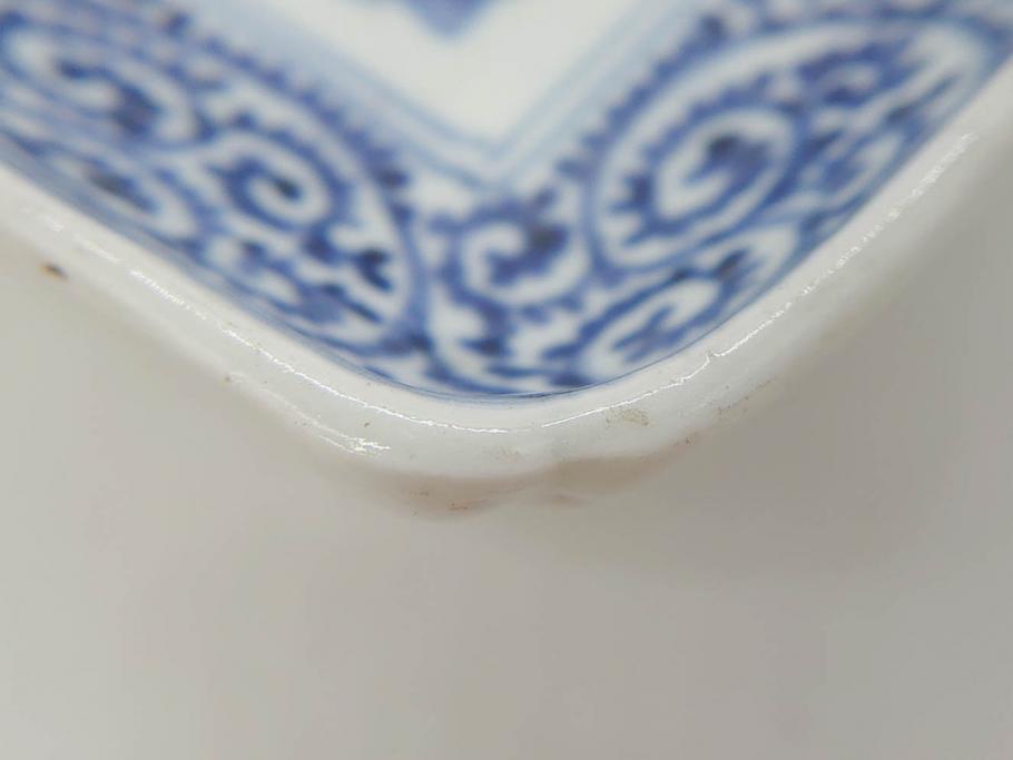 江戸期　古伊万里　染付　冨貴長春　約21cm　7.1寸　牡丹蛸唐草文　細やかで力強く描かれた文様が魅力的な長皿2枚セット(七寸一分、和食器、和皿)(R-077093)