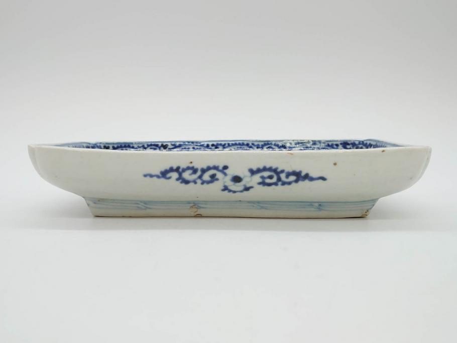 江戸期　古伊万里　染付　冨貴長春　約21cm　7.1寸　牡丹蛸唐草文　細やかで力強く描かれた文様が魅力的な長皿2枚セット(七寸一分、和食器、和皿)(R-077093)