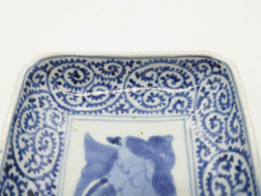 江戸期　古伊万里　染付　冨貴長春　約21cm　7.1寸　牡丹蛸唐草文　細やかで力強く描かれた文様が魅力的な長皿2枚セット(七寸一分、和食器、和皿)(R-077093)