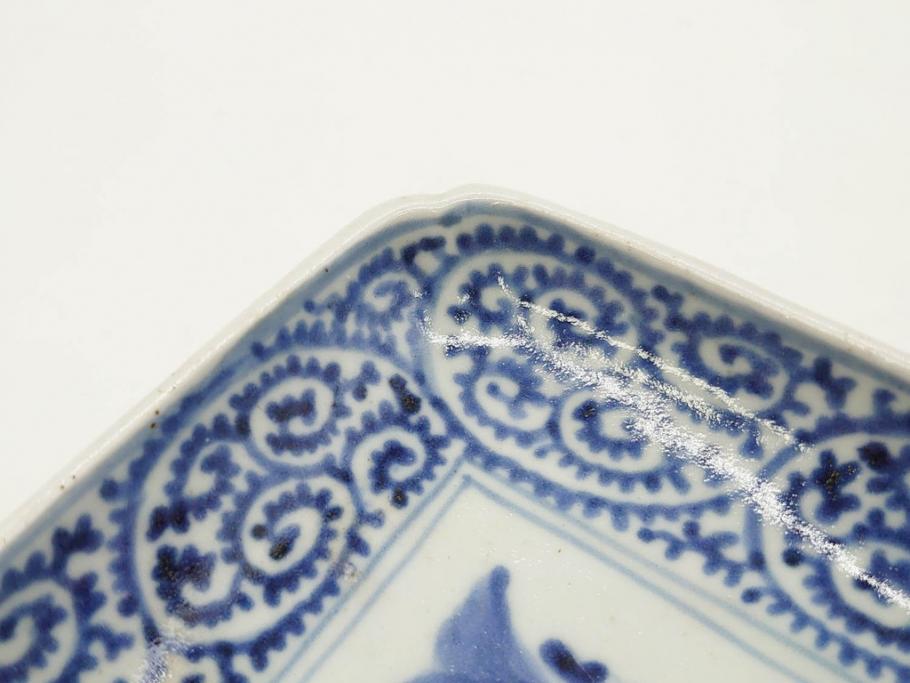 江戸期　古伊万里　染付　冨貴長春　約21cm　7.1寸　牡丹蛸唐草文　細やかで力強く描かれた文様が魅力的な長皿2枚セット(七寸一分、和食器、和皿)(R-077093)