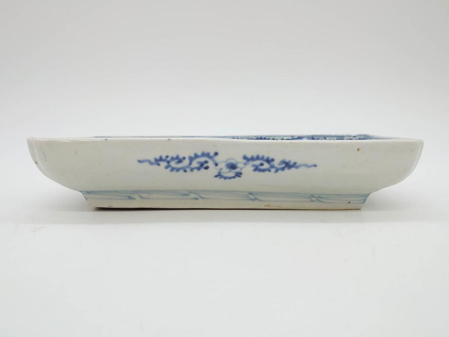 江戸期　古伊万里　染付　冨貴長春　約21cm　7.1寸　牡丹蛸唐草文　細やかで力強く描かれた文様が魅力的な長皿2枚セット(七寸一分、和食器、和皿)(R-077093)