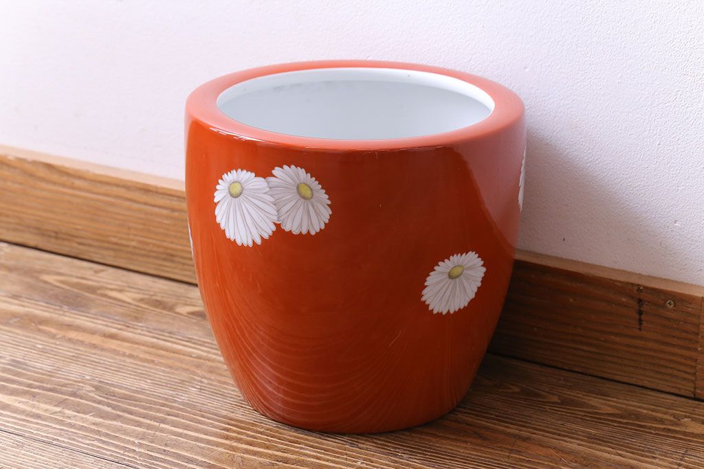 アンティーク雑貨　オールドノリタケ(日陶)　朱色地白菊文様　レトロな壱型火鉢(手あぶり、鉢カバー)(1)